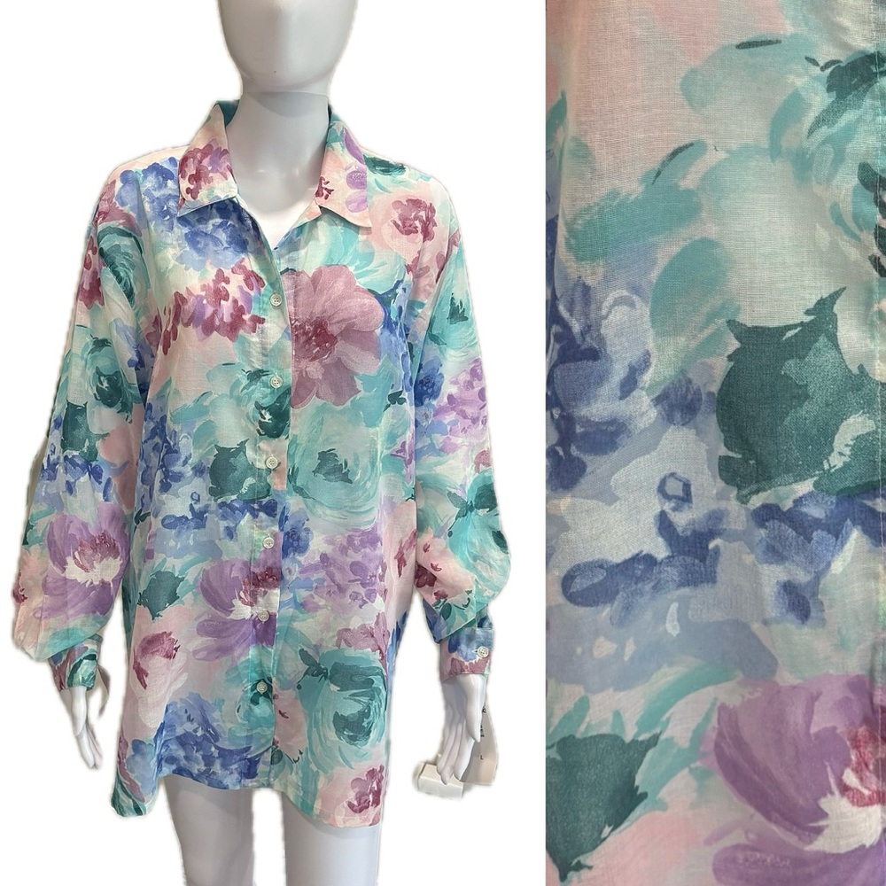 Koret Francisca Vintage Watercolor Floral Shirt Womens Size Large Long Sleeve